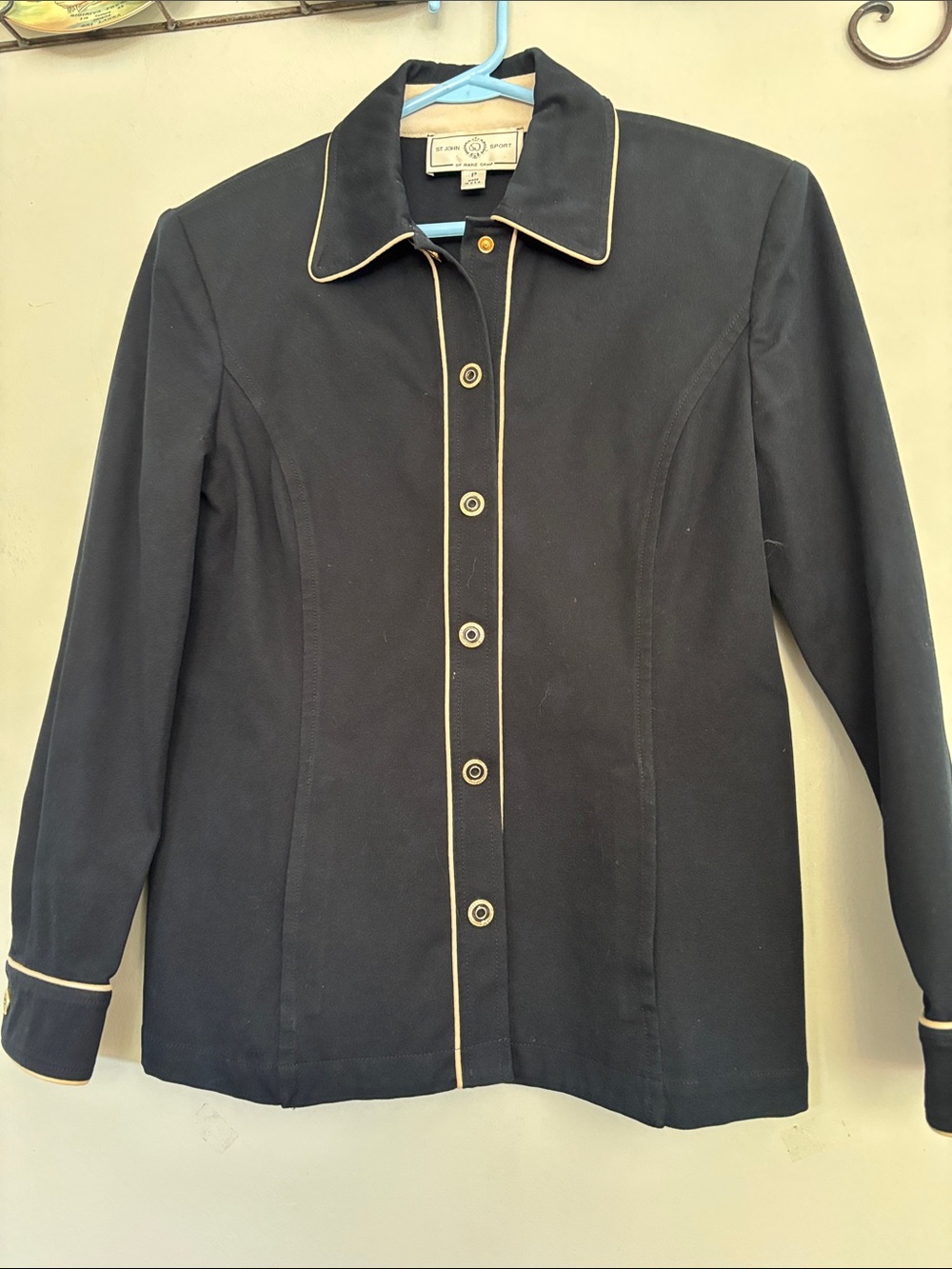 Black Women's Button-Front Blazer with Cream Piping